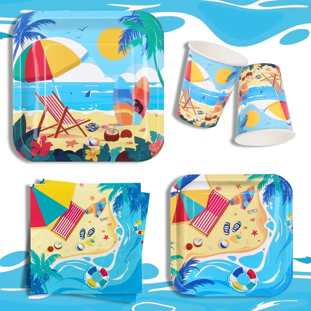 Alt view image 10 of 14 - Beach Theme Party Supplies, Summer Pool Pack Includes: Paper Dinner Plates, Dessert Plates, Luncheon Napkins, Cups and Tablecloth for Hawaiian Party Birthday Decorations, Serve 25