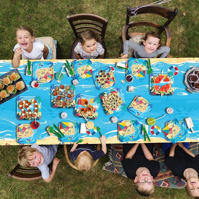 Alt view image 12 of 14 - Beach Theme Party Supplies, Summer Pool Pack Includes: Paper Dinner Plates, Dessert Plates, Luncheon Napkins, Cups and Tablecloth for Hawaiian Party Birthday Decorations, Serve 25