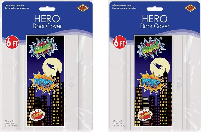 Alt view image 6 of 8 - Beistle 2-Piece Hero Door Covers, Superhero Themed Party Decorations, Comic Book Hero Party Accessories, Action Hero Party Supplies, 30" x 6'