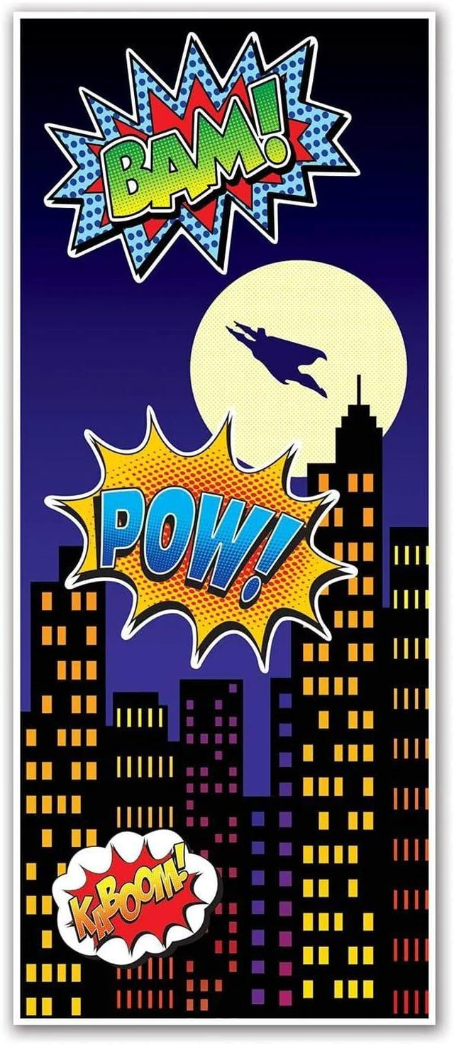 Alt view image 7 of 8 - Beistle 2-Piece Hero Door Covers, Superhero Themed Party Decorations, Comic Book Hero Party Accessories, Action Hero Party Supplies, 30" x 6'