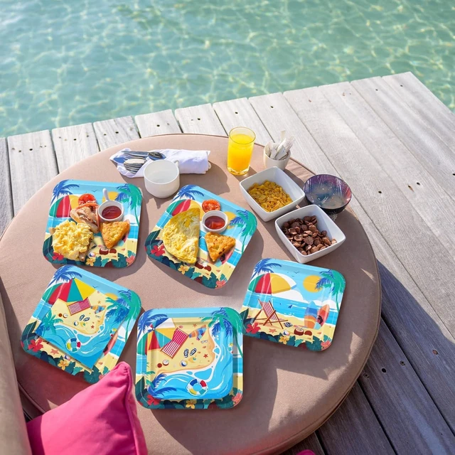 Alt view image 11 of 14 - Beach Theme Party Supplies, Summer Pool Pack Includes: Paper Dinner Plates, Dessert Plates, Luncheon Napkins, Cups and Tablecloth for Hawaiian Party Birthday Decorations, Serve 25