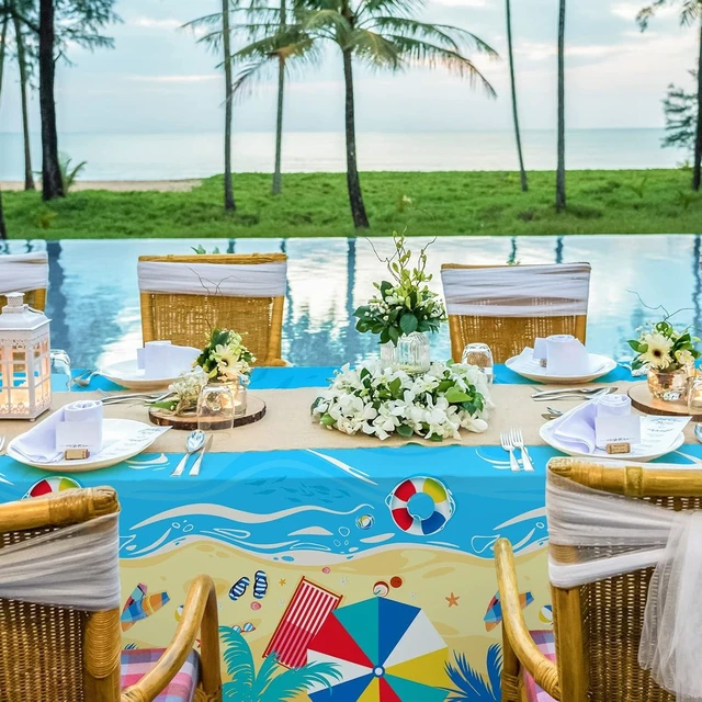 Alt view image 13 of 14 - Beach Theme Party Supplies, Summer Pool Pack Includes: Paper Dinner Plates, Dessert Plates, Luncheon Napkins, Cups and Tablecloth for Hawaiian Party Birthday Decorations, Serve 25