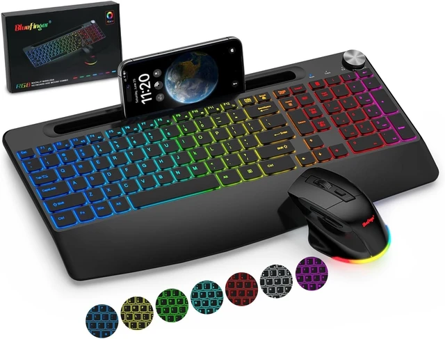 Alt view image 8 of 14 - BlueFinger Wireless Keyboard and Mouse Combo Backlit, 2.4G Rechargeable Ergonomic Gaming Keyboard with Wrist Rest, Phone Holder, Volume Knob, Silent Light Up Keyboard with Mouse for Computer Laptop