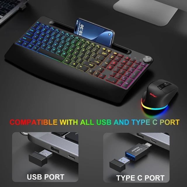 Alt view image 11 of 14 - BlueFinger Wireless Keyboard and Mouse Combo Backlit, 2.4G Rechargeable Ergonomic Gaming Keyboard with Wrist Rest, Phone Holder, Volume Knob, Silent Light Up Keyboard with Mouse for Computer Laptop