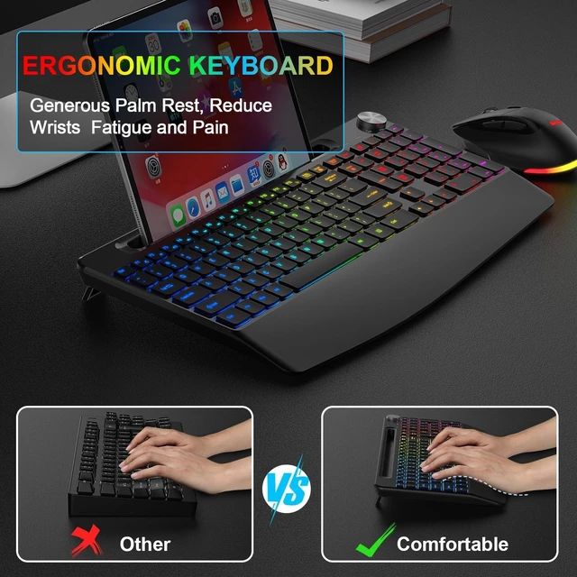 Alt view image 10 of 14 - BlueFinger Wireless Keyboard and Mouse Combo Backlit, 2.4G Rechargeable Ergonomic Gaming Keyboard with Wrist Rest, Phone Holder, Volume Knob, Silent Light Up Keyboard with Mouse for Computer Laptop