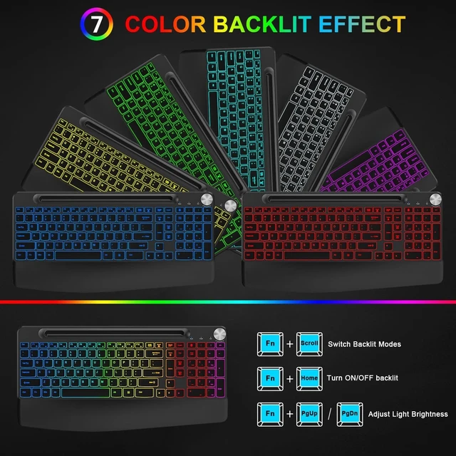 Alt view image 9 of 14 - BlueFinger Wireless Keyboard and Mouse Combo Backlit, 2.4G Rechargeable Ergonomic Gaming Keyboard with Wrist Rest, Phone Holder, Volume Knob, Silent Light Up Keyboard with Mouse for Computer Laptop