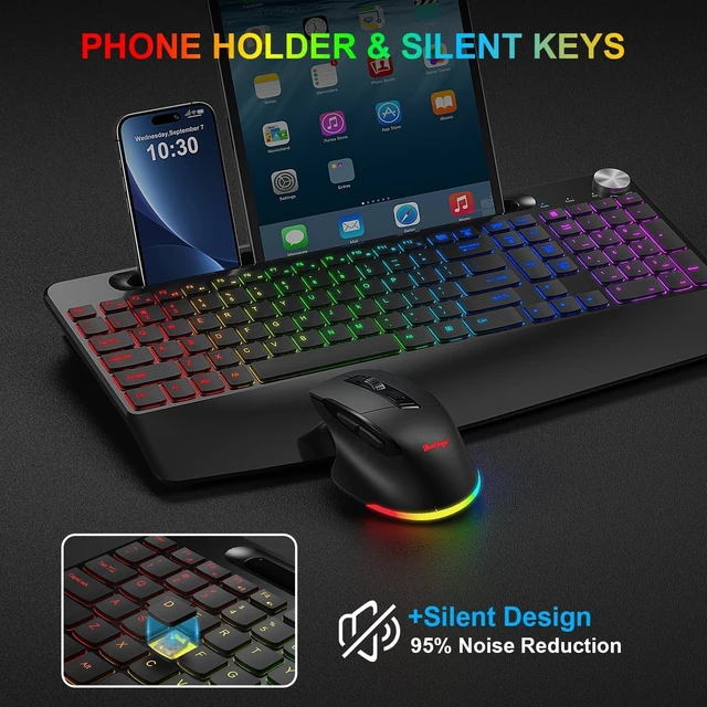Alt view image 13 of 14 - BlueFinger Wireless Keyboard and Mouse Combo Backlit, 2.4G Rechargeable Ergonomic Gaming Keyboard with Wrist Rest, Phone Holder, Volume Knob, Silent Light Up Keyboard with Mouse for Computer Laptop