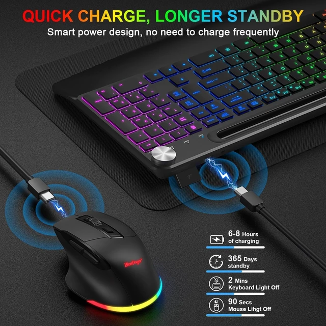 Alt view image 14 of 14 - BlueFinger Wireless Keyboard and Mouse Combo Backlit, 2.4G Rechargeable Ergonomic Gaming Keyboard with Wrist Rest, Phone Holder, Volume Knob, Silent Light Up Keyboard with Mouse for Computer Laptop