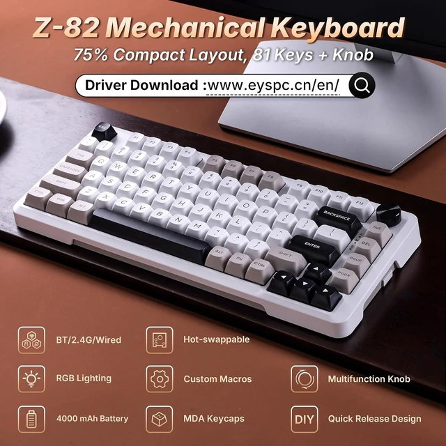 Alt view image 9 of 14 - E-YOOSO Z-82 Wireless Mechanical Keyboard, 75% Layout, Hot-Swap Wireless Gaming Keyboard, BT/2.4GHz/Type-C Triple Mode, RGB Backlit Gaming Keyboards, Compatible with Win/Mac (White&Gray&Black)