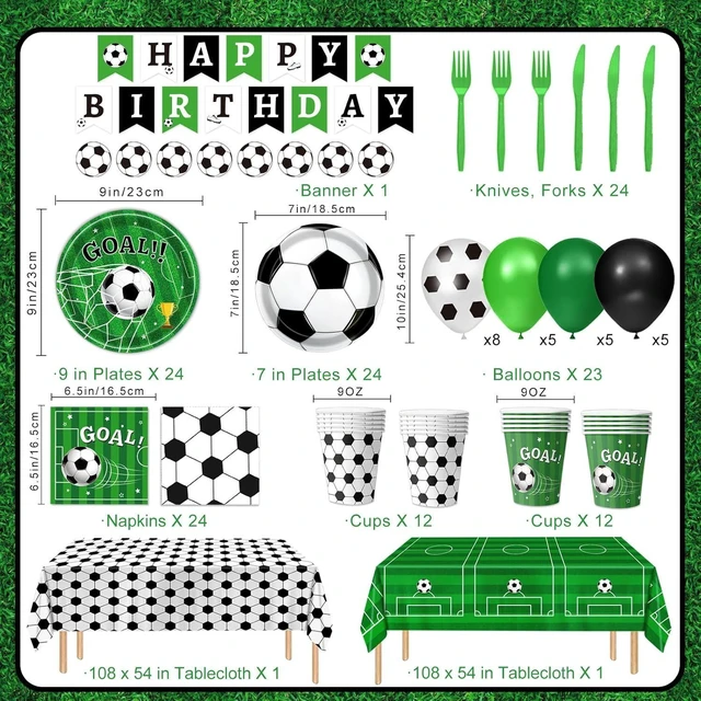 Alt view image 9 of 14 - 170 PCS Soccer Party Decorations, Soccer Birthday Party Decorations - Includes Plates, Napkins, Cups, Banner, Balloons, Tablecloth, Knives, Forks for Sports Soccer Theme Party Decorations, Serve 24
