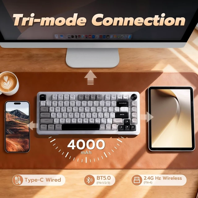 Alt view image 10 of 14 - E-YOOSO Z-82 Wireless Mechanical Keyboard, 75% Layout, Hot-Swap Wireless Gaming Keyboard, BT/2.4GHz/Type-C Triple Mode, RGB Backlit Gaming Keyboards, Compatible with Win/Mac (White&Gray&Black)