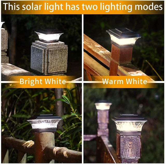 Alt view image 10 of 14 - HUYIENO Solar Post Cap Lights Outdoor LED Lighting Deck Fence Cap Light Two Light Modes Warm White/Bright White Suitable for 4x4 Wooden Posts Black 4PK