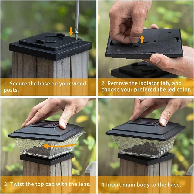 Alt view image 13 of 14 - HUYIENO Solar Post Cap Lights Outdoor LED Lighting Deck Fence Cap Light Two Light Modes Warm White/Bright White Suitable for 4x4 Wooden Posts Black 4PK