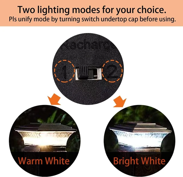 Alt view image 9 of 14 - HUYIENO Solar Post Cap Lights Outdoor LED Lighting Deck Fence Cap Light Two Light Modes Warm White/Bright White Suitable for 4x4 Wooden Posts Black 4PK