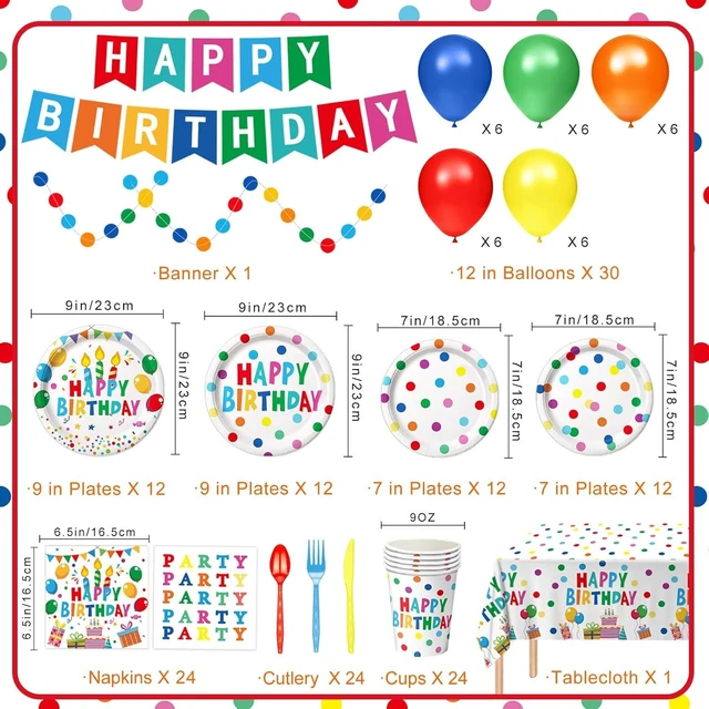 Alt view image 7 of 12 - Happy Birthday Decorations - Colorful Dots Birthday Party Supplies Includes Plates, Napkins, Cups, Cutlery, Banner, Hanging Swirl, Tablecloth, Balloons for Kids Boys Girls, Serves 24