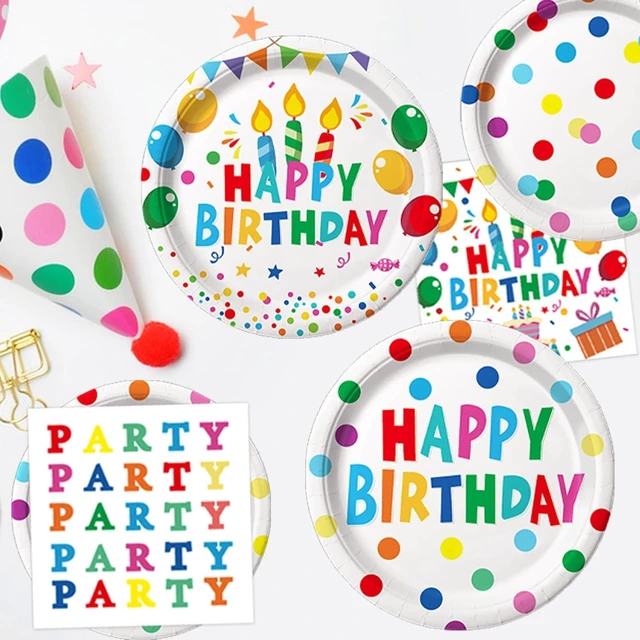 Alt view image 10 of 12 - Happy Birthday Decorations - Colorful Dots Birthday Party Supplies Includes Plates, Napkins, Cups, Cutlery, Banner, Hanging Swirl, Tablecloth, Balloons for Kids Boys Girls, Serves 24