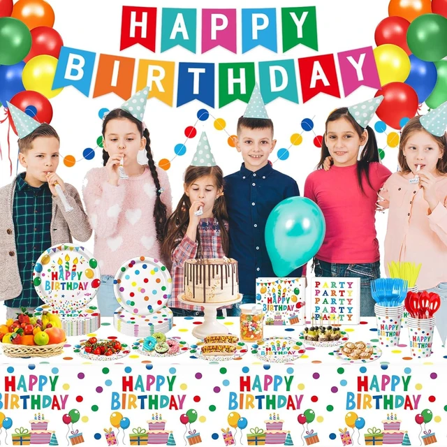 Alt view image 11 of 12 - Happy Birthday Decorations - Colorful Dots Birthday Party Supplies Includes Plates, Napkins, Cups, Cutlery, Banner, Hanging Swirl, Tablecloth, Balloons for Kids Boys Girls, Serves 24