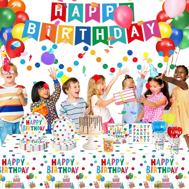 Alt view image 12 of 12 - Happy Birthday Decorations - Colorful Dots Birthday Party Supplies Includes Plates, Napkins, Cups, Cutlery, Banner, Hanging Swirl, Tablecloth, Balloons for Kids Boys Girls, Serves 24