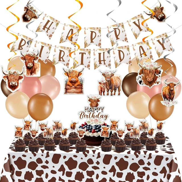 Alt view image 7 of 12 - Hollowfly Highland Cow Birthday Party Decorations Cute Boho Cow Party Supplies with Retro Floral Birthday Banner Hanging Swirls Cattle Cake Toppers Balloons Tablecloth for Girls Boys