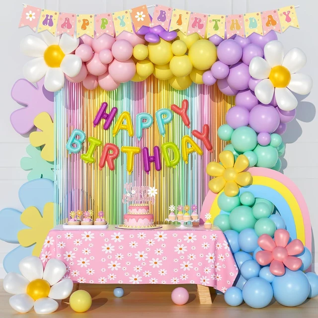 Alt view image 8 of 14 - Party Inspo Daisy Party Decorations for Girl, Pastel Rainbow Girly Flower Groovy Boho Birthday Party Decorations, Balloon Garland Fringe Curtain Happy Birthday Banner Cake Cupcake Topper, 184 PCs