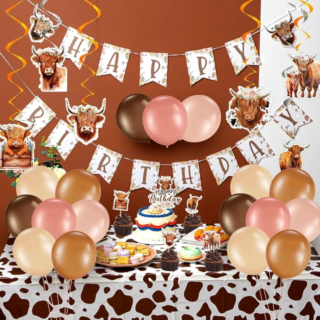 Alt view image 10 of 12 - Hollowfly Highland Cow Birthday Party Decorations Cute Boho Cow Party Supplies with Retro Floral Birthday Banner Hanging Swirls Cattle Cake Toppers Balloons Tablecloth for Girls Boys