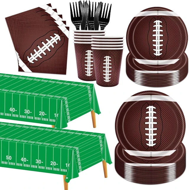 Alt view image 8 of 14 - 146PCS Football Party Tableware Set Football Plates and Napkins Party Supplies Football Birthday Party Decorations Superbowl Party Supplies Football Tablecloth Plates Napkins Set Serve 24