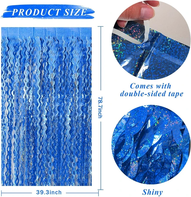 Alt view image 9 of 14 - Blue Backdrop Wavy Tinsel Foil Fringe Curtains for Parties Sparkle Metallic Wavy Blue Birthday Decorations for Streamers Party Decorations Photo Booth Props Birthday Ocean Party Decor Supplies