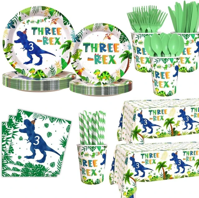 Alt view image 8 of 14 - AIBIIN 194pcs Three Rex Birthday Decorations for Boy 3rd Birthday Party Plates, Cup, Napkin, Tablecloth, Tableware, Dinosaur 3 year old Birthday Party Supplies Plates Serve 24 Guests
