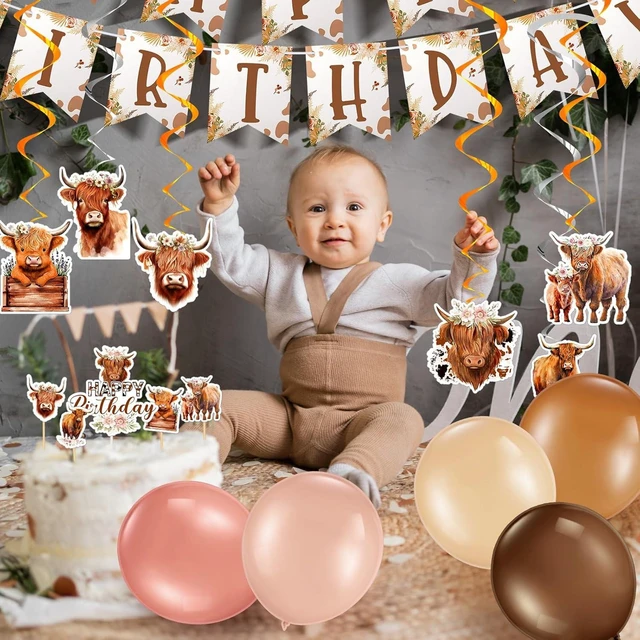 Alt view image 11 of 12 - Hollowfly Highland Cow Birthday Party Decorations Cute Boho Cow Party Supplies with Retro Floral Birthday Banner Hanging Swirls Cattle Cake Toppers Balloons Tablecloth for Girls Boys