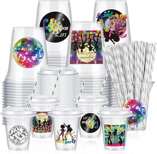 Alt view image 8 of 14 - Boao 36 Sets 70s Disco Cups with Lids and Paper Straws 14 oz Disco Birthday Party Supplies Favors Disposable Clear Plastic Cups Bulk