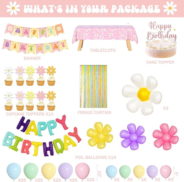 Alt view image 11 of 14 - Party Inspo Daisy Party Decorations for Girl, Pastel Rainbow Girly Flower Groovy Boho Birthday Party Decorations, Balloon Garland Fringe Curtain Happy Birthday Banner Cake Cupcake Topper, 184 PCs