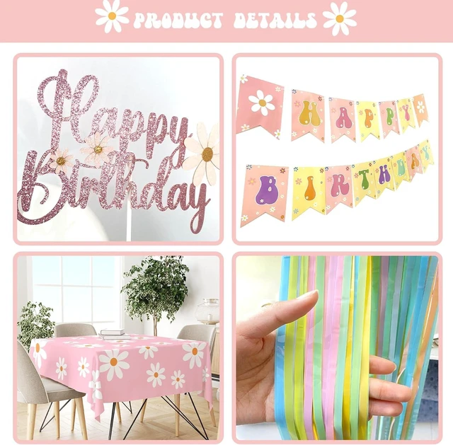 Alt view image 10 of 14 - Party Inspo Daisy Party Decorations for Girl, Pastel Rainbow Girly Flower Groovy Boho Birthday Party Decorations, Balloon Garland Fringe Curtain Happy Birthday Banner Cake Cupcake Topper, 184 PCs