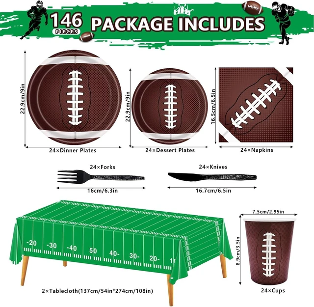 Alt view image 9 of 14 - 146PCS Football Party Tableware Set Football Plates and Napkins Party Supplies Football Birthday Party Decorations Superbowl Party Supplies Football Tablecloth Plates Napkins Set Serve 24