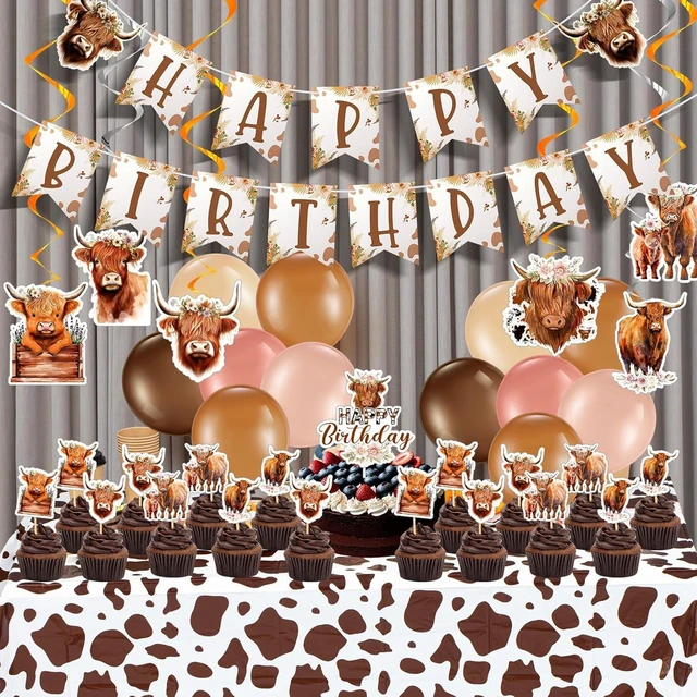 Alt view image 12 of 12 - Hollowfly Highland Cow Birthday Party Decorations Cute Boho Cow Party Supplies with Retro Floral Birthday Banner Hanging Swirls Cattle Cake Toppers Balloons Tablecloth for Girls Boys