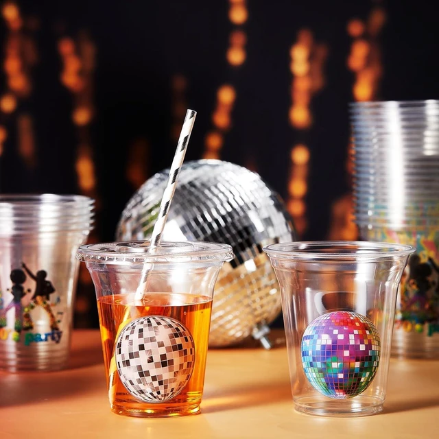 Alt view image 11 of 14 - Boao 36 Sets 70s Disco Cups with Lids and Paper Straws 14 oz Disco Birthday Party Supplies Favors Disposable Clear Plastic Cups Bulk
