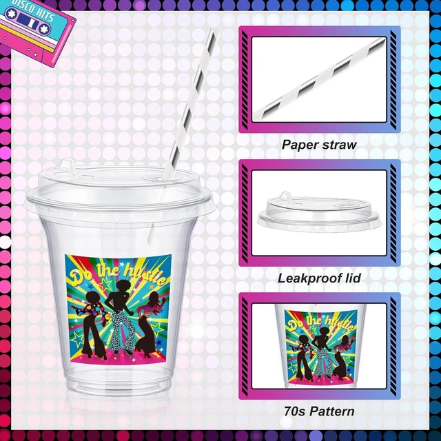 Alt view image 10 of 14 - Boao 36 Sets 70s Disco Cups with Lids and Paper Straws 14 oz Disco Birthday Party Supplies Favors Disposable Clear Plastic Cups Bulk