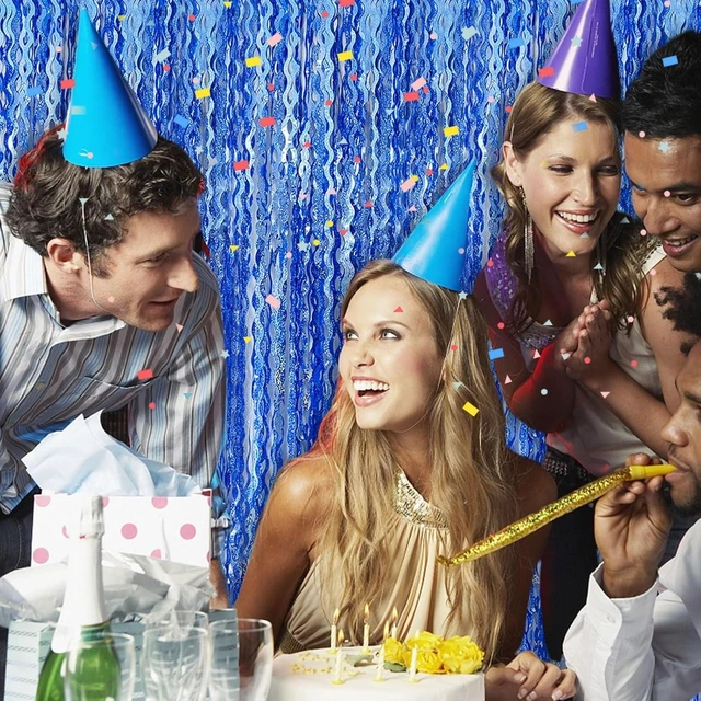 Alt view image 13 of 14 - Blue Backdrop Wavy Tinsel Foil Fringe Curtains for Parties Sparkle Metallic Wavy Blue Birthday Decorations for Streamers Party Decorations Photo Booth Props Birthday Ocean Party Decor Supplies