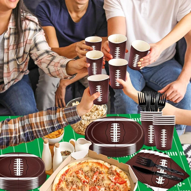 Alt view image 10 of 14 - 146PCS Football Party Tableware Set Football Plates and Napkins Party Supplies Football Birthday Party Decorations Superbowl Party Supplies Football Tablecloth Plates Napkins Set Serve 24