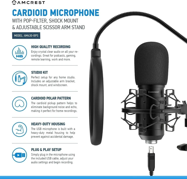 Alt view image 7 of 10 - Amcrest USB Microphone for Voice Recordings, Podcasts, Gaming, Online Conferences, Live Streaming, Cardioid Microphone with Boom Arm, Pop-Filter, Shock Mount, AM430-BPS