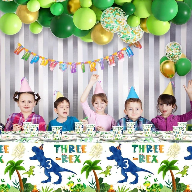 Alt view image 13 of 14 - AIBIIN 194pcs Three Rex Birthday Decorations for Boy 3rd Birthday Party Plates, Cup, Napkin, Tablecloth, Tableware, Dinosaur 3 year old Birthday Party Supplies Plates Serve 24 Guests