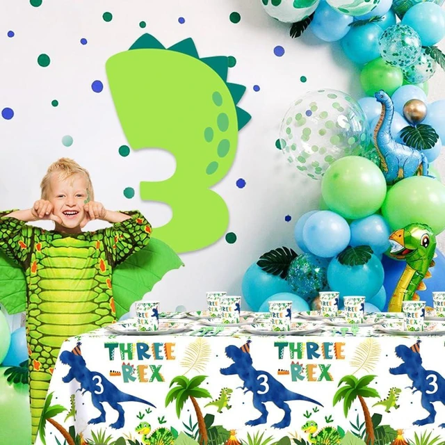 Alt view image 12 of 14 - AIBIIN 194pcs Three Rex Birthday Decorations for Boy 3rd Birthday Party Plates, Cup, Napkin, Tablecloth, Tableware, Dinosaur 3 year old Birthday Party Supplies Plates Serve 24 Guests