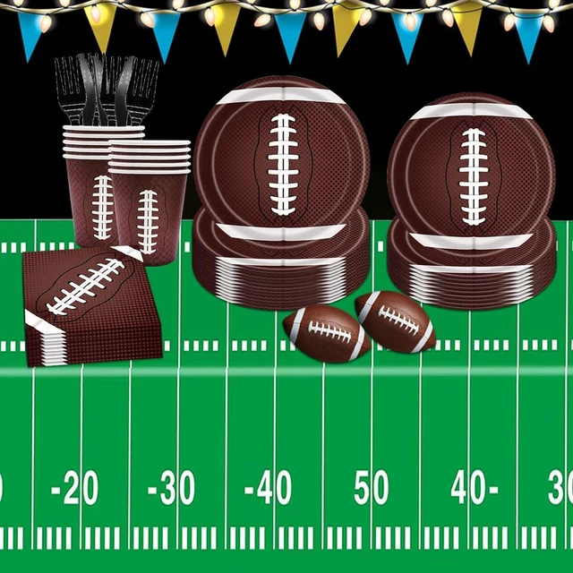 Alt view image 12 of 14 - 146PCS Football Party Tableware Set Football Plates and Napkins Party Supplies Football Birthday Party Decorations Superbowl Party Supplies Football Tablecloth Plates Napkins Set Serve 24