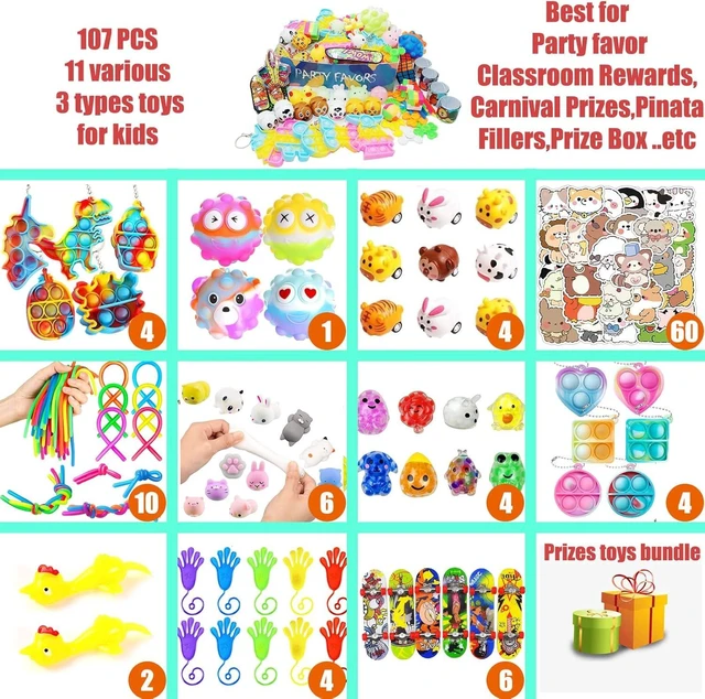 Alt view image 13 of 14 - Leeche Premium Pop Party Favors Toys for kids,107PCS Prize Box Toys for All Ages kids,Birthday Party, School Classroom Rewards, Carnival Prizes, Pinata Fillers, Treasure Chest, Goody Bag Fillers