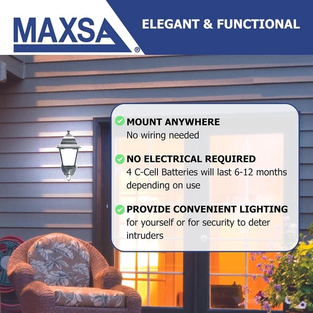 Alt view image 8 of 12 - Maxsa 43319 Premium Battery-Powered Motion-Activated Decorative Outdoor Warm White LED Wall Sconce Lighting Fixture, Metal Housing, Black