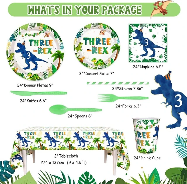 Alt view image 9 of 14 - AIBIIN 194pcs Three Rex Birthday Decorations for Boy 3rd Birthday Party Plates, Cup, Napkin, Tablecloth, Tableware, Dinosaur 3 year old Birthday Party Supplies Plates Serve 24 Guests