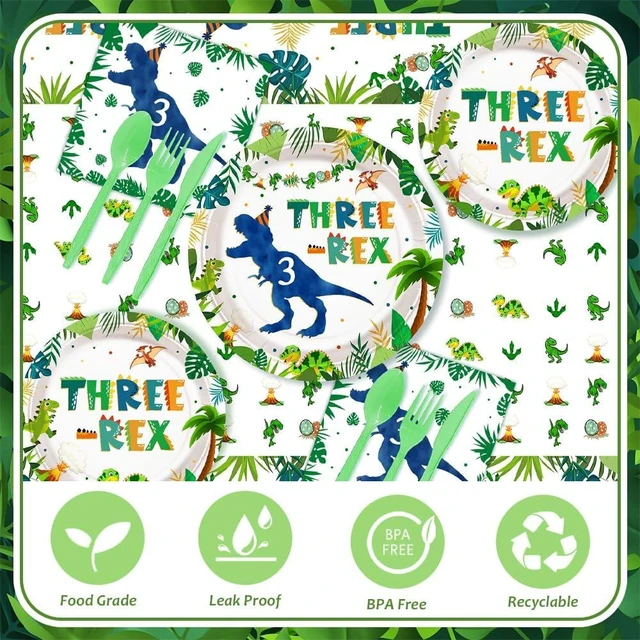 Alt view image 10 of 14 - AIBIIN 194pcs Three Rex Birthday Decorations for Boy 3rd Birthday Party Plates, Cup, Napkin, Tablecloth, Tableware, Dinosaur 3 year old Birthday Party Supplies Plates Serve 24 Guests