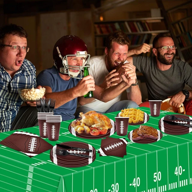 Alt view image 13 of 14 - 146PCS Football Party Tableware Set Football Plates and Napkins Party Supplies Football Birthday Party Decorations Superbowl Party Supplies Football Tablecloth Plates Napkins Set Serve 24