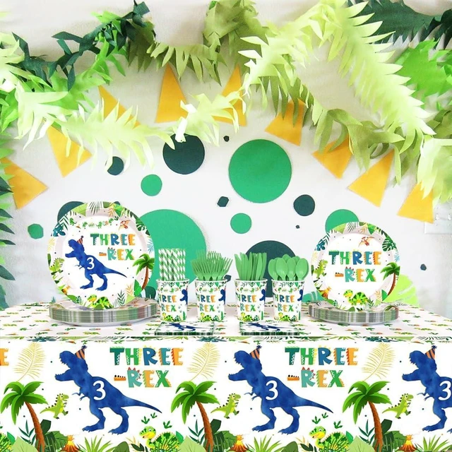 Alt view image 11 of 14 - AIBIIN 194pcs Three Rex Birthday Decorations for Boy 3rd Birthday Party Plates, Cup, Napkin, Tablecloth, Tableware, Dinosaur 3 year old Birthday Party Supplies Plates Serve 24 Guests
