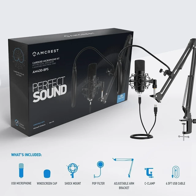 Alt view image 10 of 10 - Amcrest USB Microphone for Voice Recordings, Podcasts, Gaming, Online Conferences, Live Streaming, Cardioid Microphone with Boom Arm, Pop-Filter, Shock Mount, AM430-BPS