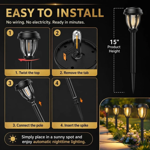 Alt view image 13 of 14 - DERAYSION 12 Pack Solar Lights Outdoor, Solar Pathway Lights Auto On/Off Waterproof Garden Landscape Lighting for Path, Yard, Walkway, Driveway Decor
